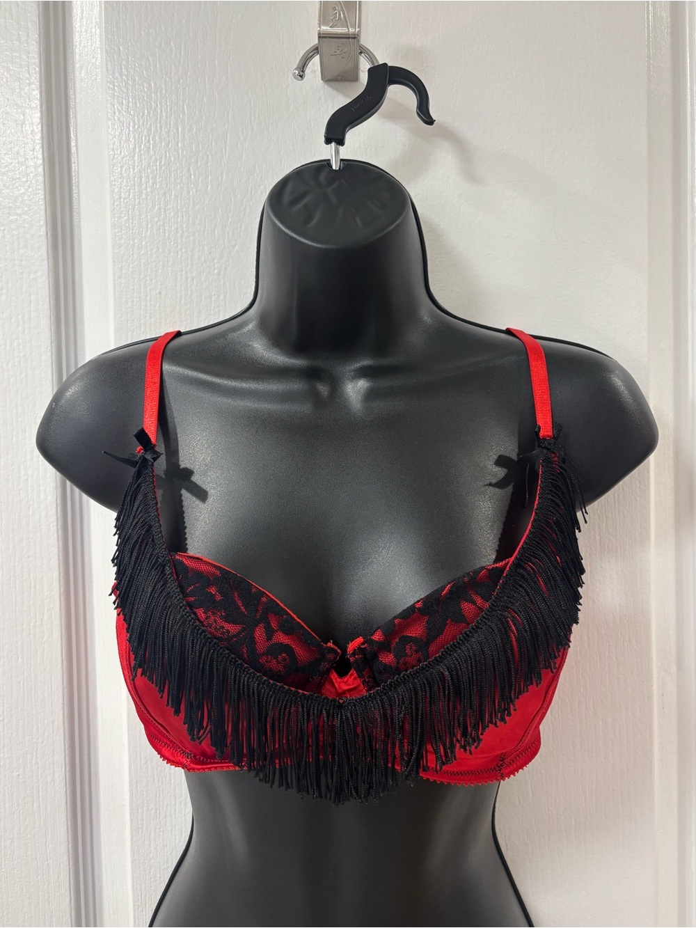 Burlesque Pinup Satin Fringe Bow Lace Balconet Underwire Bra Lingerie Costume M